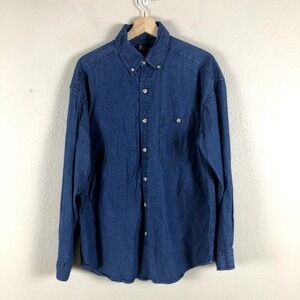 Bay Sports Shirt Men Medium Blue Chambray Cotton Casual Layering Trending Preppy